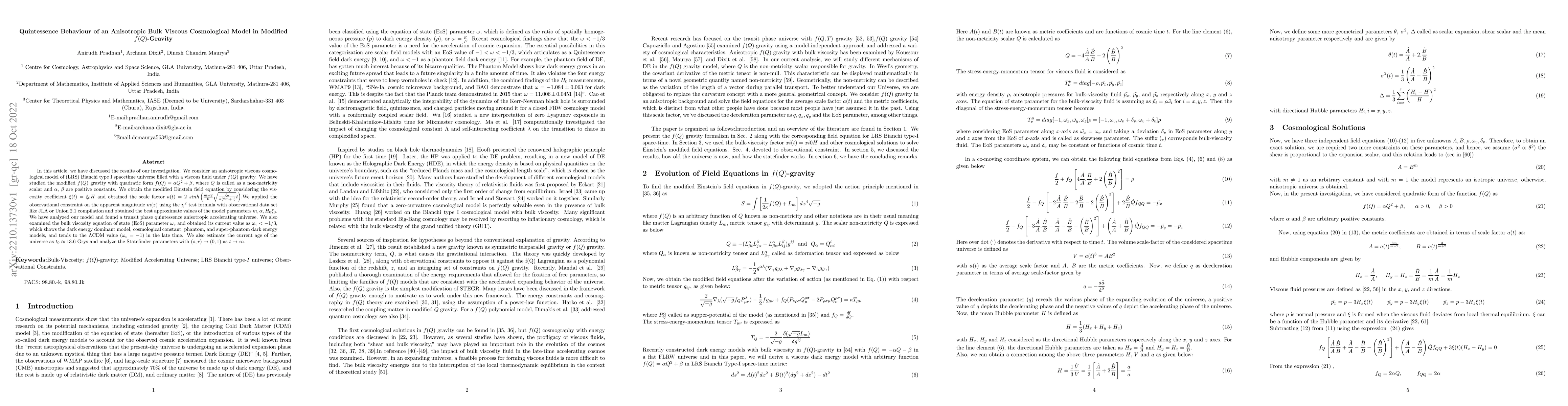 Thumbnail for Quintessence Behaviour of an Anisotropic Bulk Viscous Cosmological Model
  in Modified $f(Q)$-Gravity
