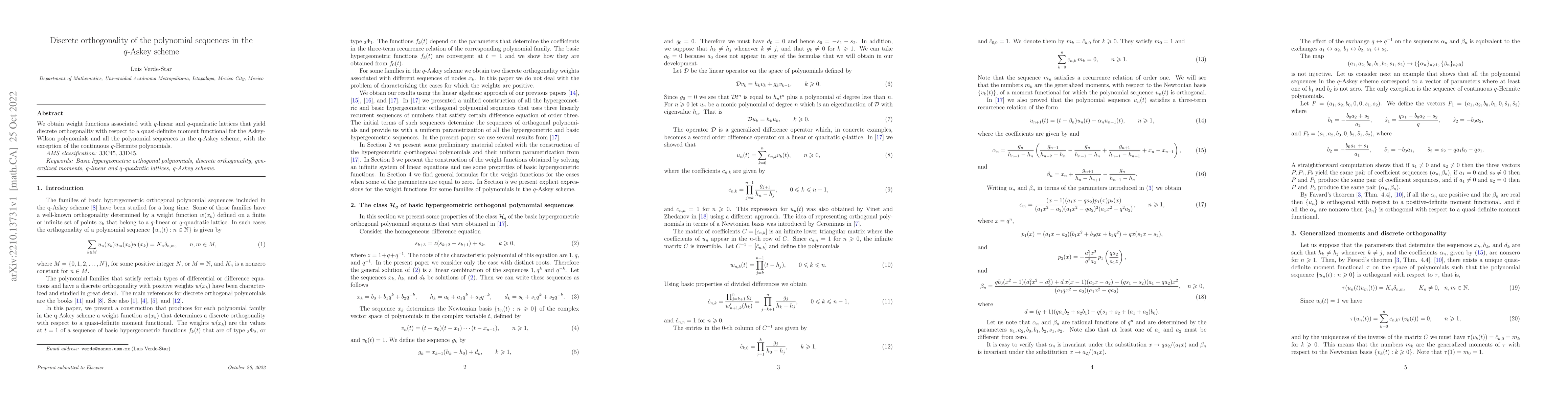 Thumbnail for Discrete orthogonality of the polynomial sequences in the $q$-Askey
  scheme