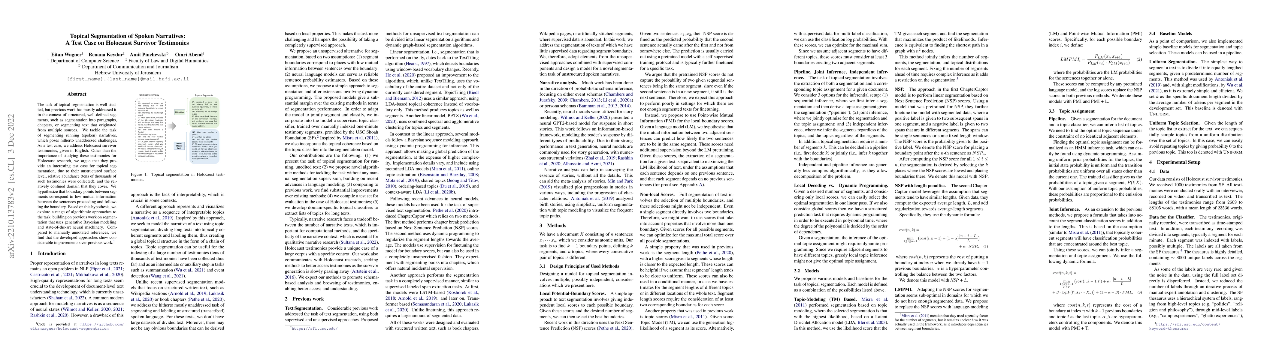 Thumbnail for Topical Segmentation of Spoken Narratives: A Test Case on Holocaust
  Survivor Testimonies