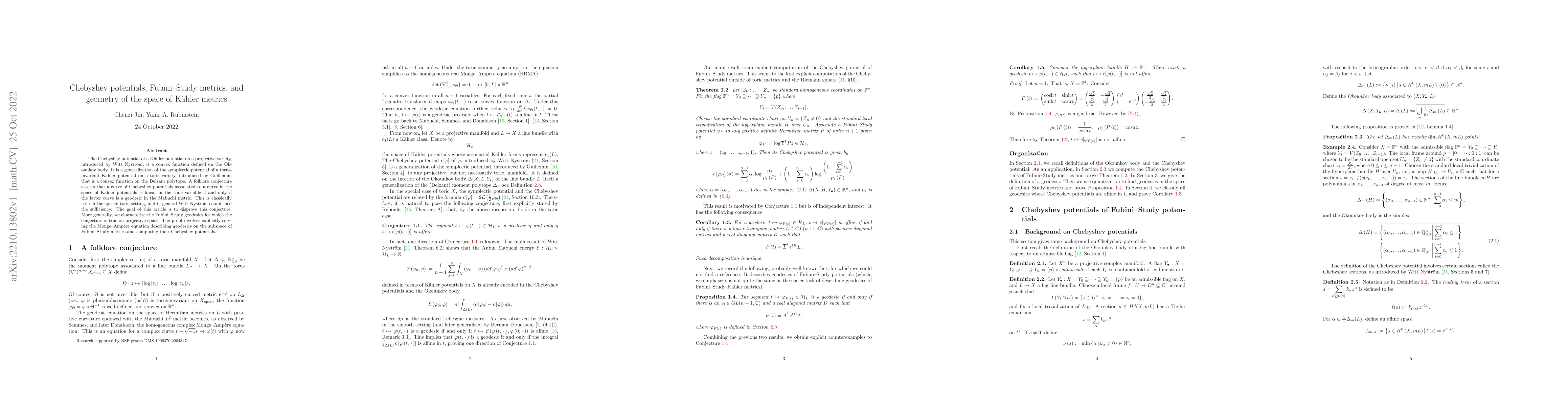 Thumbnail for Chebyshev potentials, Fubini--Study metrics, and geometry of the space
  of K\"ahler metrics