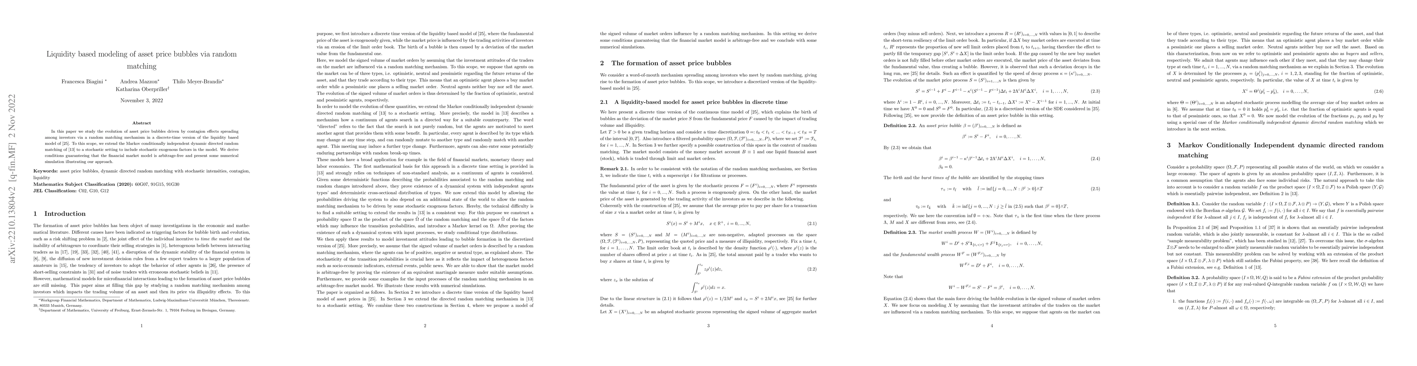 Thumbnail for Liquidity based modeling of asset price bubbles via random matching