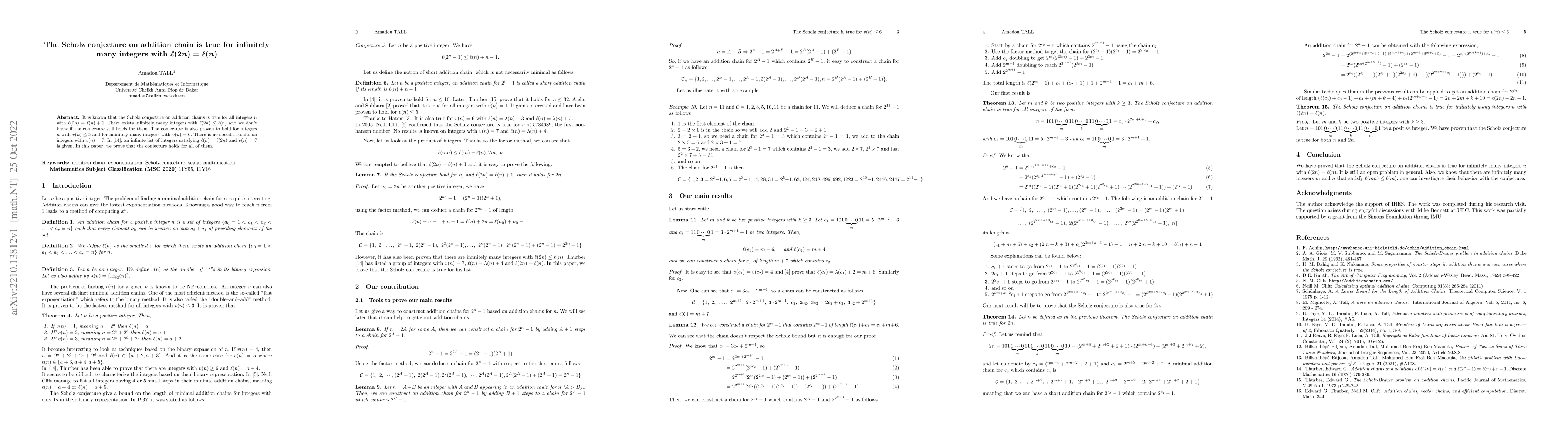 Thumbnail for The Scholz conjecture on addition chain is true for infinitely many
  integers with $\ell(2n)= \ell(n)$