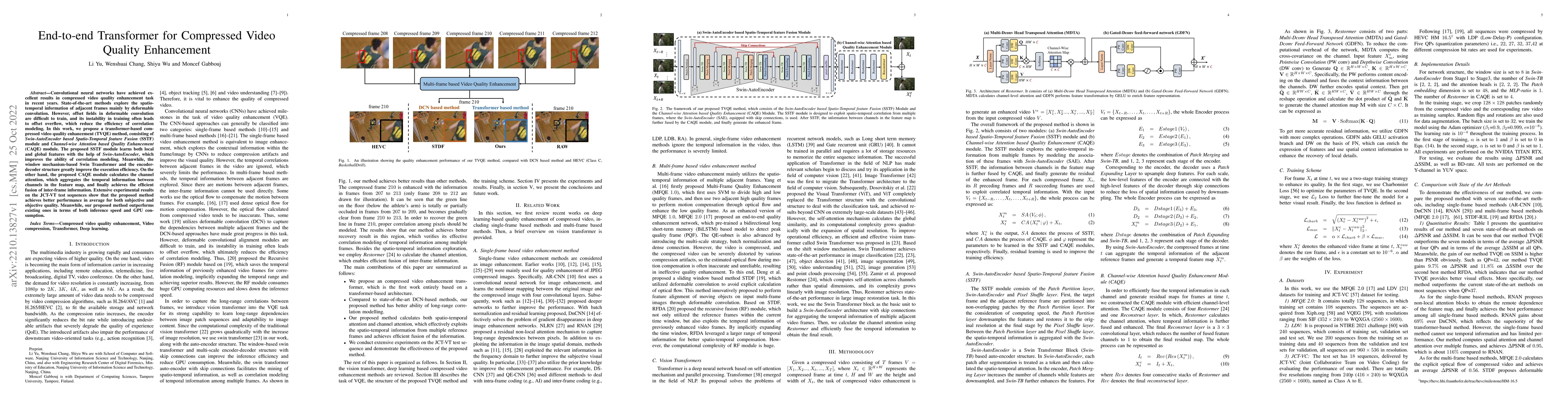 Thumbnail for End-to-end Transformer for Compressed Video Quality Enhancement