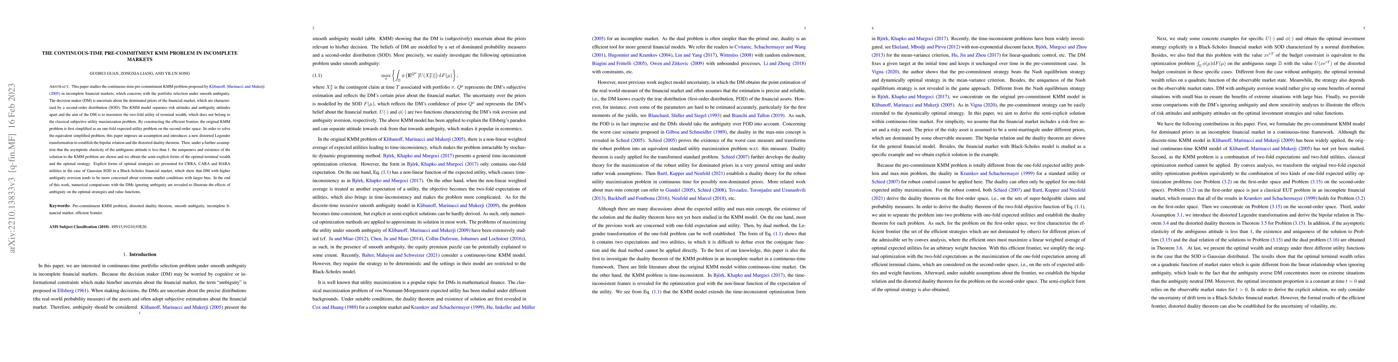 Thumbnail for The continuous-time pre-commitment KMM problem in incomplete markets