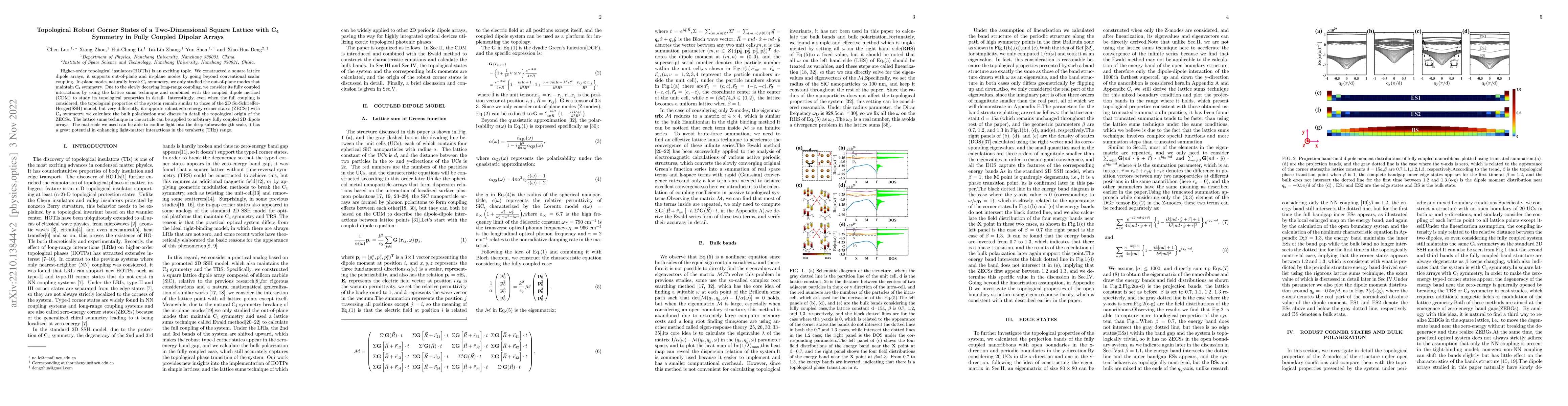 Thumbnail for Topological Robust Corner States of a Two-Dimensional Square Lattice
  with $\mathbf C_{\mathbf 4}$ Symmetry in Fully Coupled Dipolar Arrays