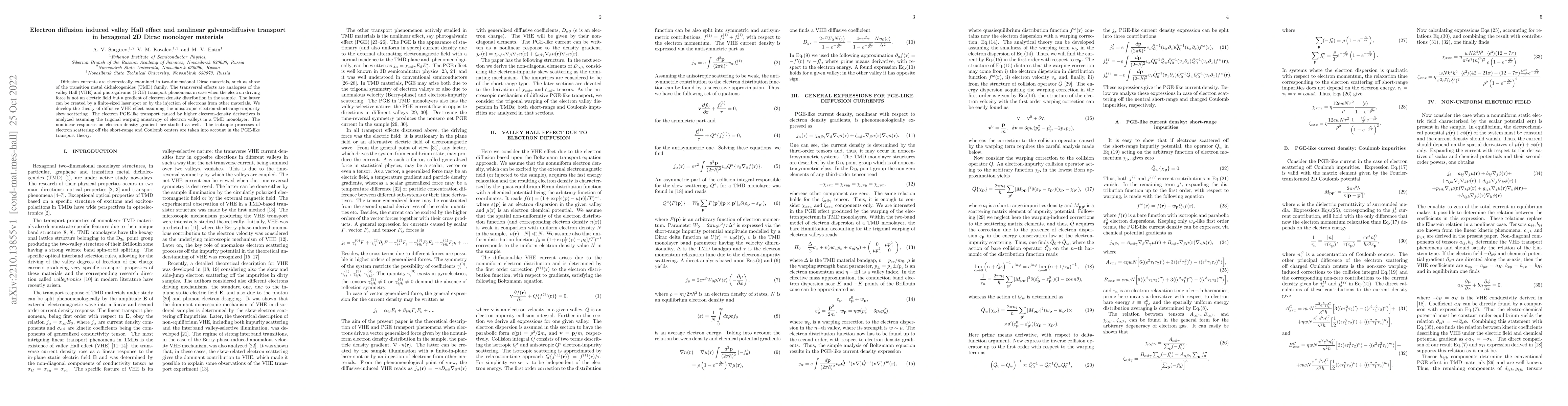 Thumbnail for Electron diffusion induced valley Hall effect and nonlinear
  galvanodiffusive transport in hexagonal 2D Dirac monolayer materials