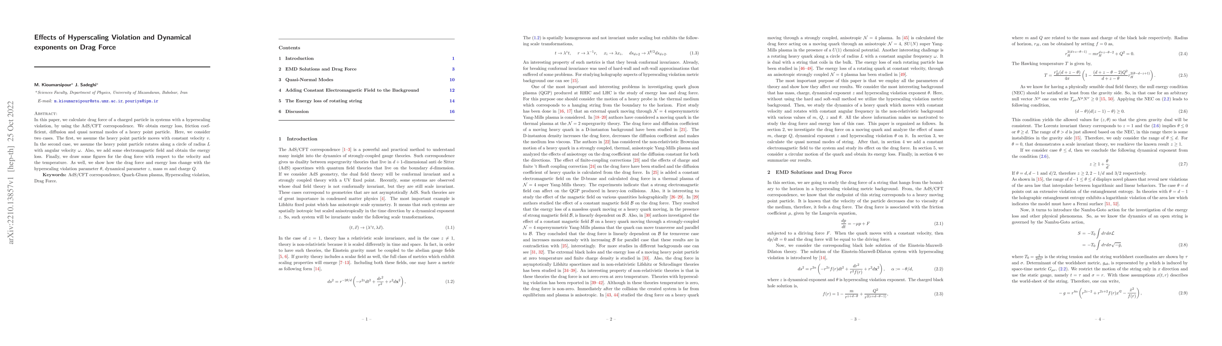 Thumbnail for Effects of hyperscaling violation and dynamical exponents on drag force
