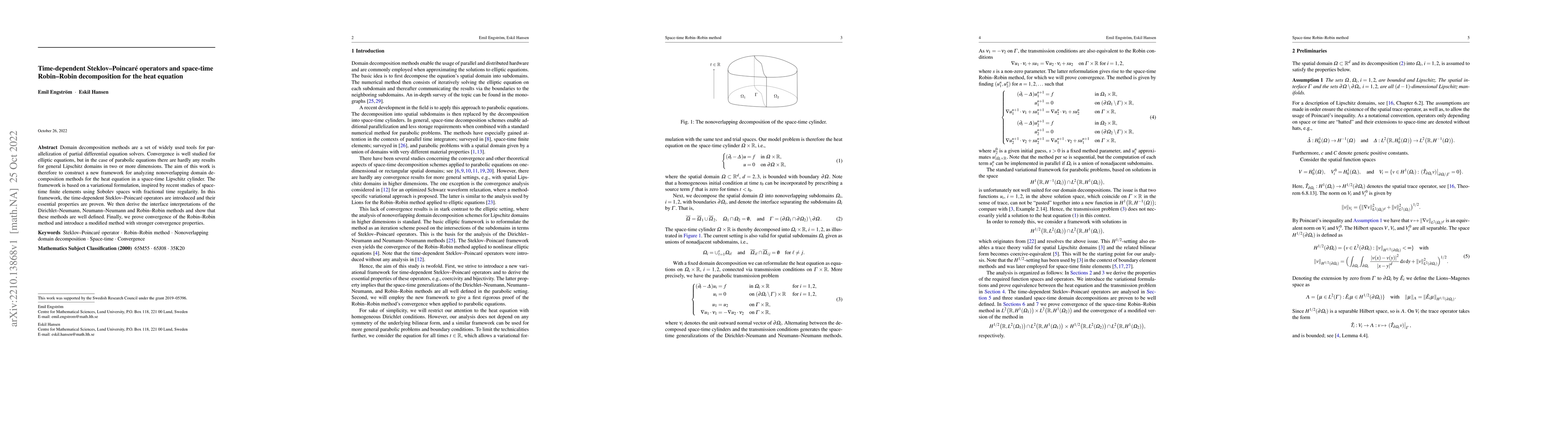 Thumbnail for Time-dependent Steklov--Poincar\'e operators and space-time Robin--Robin
  decomposition for the heat equation