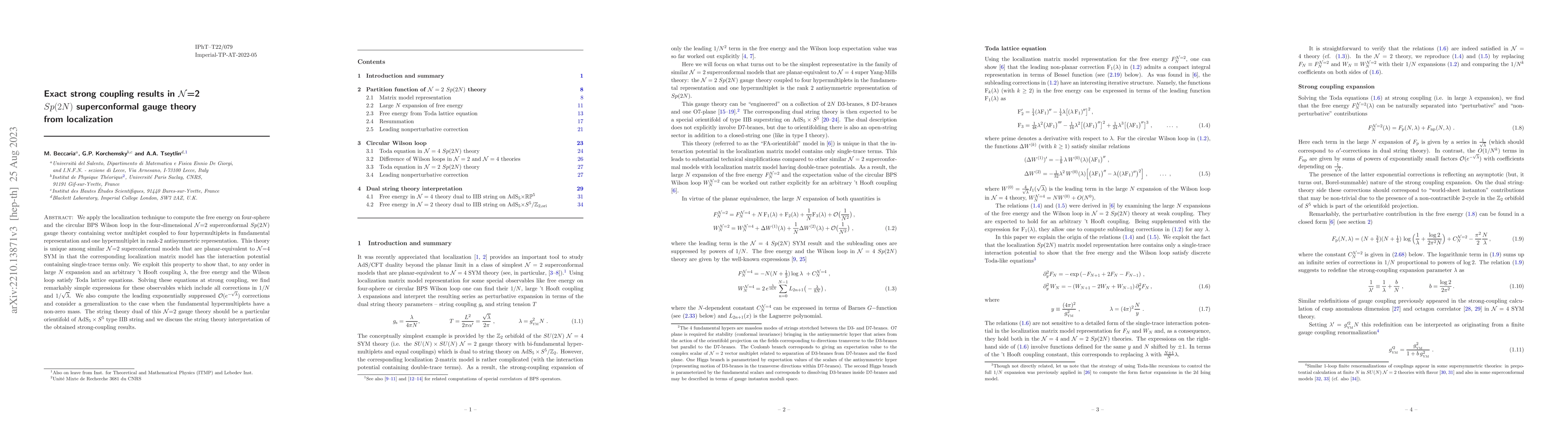 Thumbnail for Exact strong coupling results in $\cal N$=2 $Sp(2N)$ superconformal
  gauge theory from localization