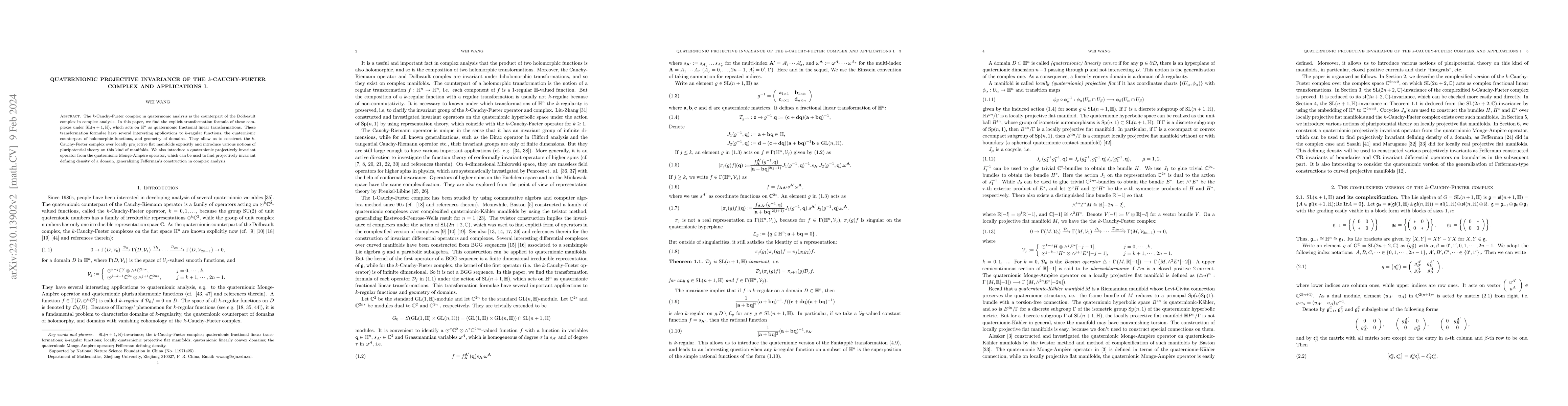 Thumbnail for Quaternionic projective invariance of the $k$-Cauchy-Fueter complex and
  applications I