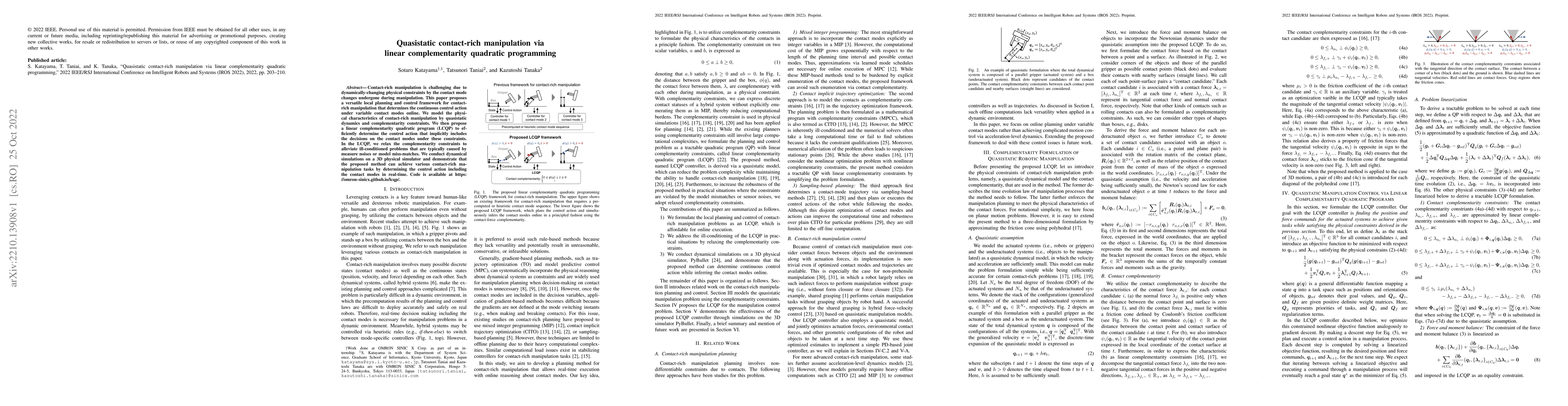 Thumbnail for Quasistatic contact-rich manipulation via linear complementarity
  quadratic programming