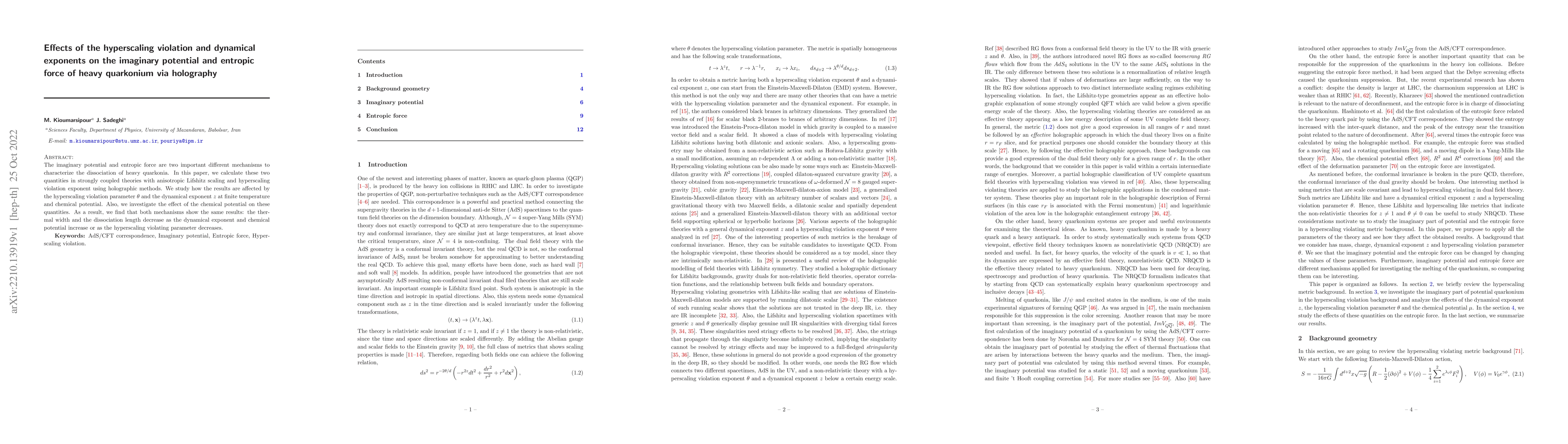 Thumbnail for Effects of the hyperscaling violation and dynamical exponents on the
  imaginary potential and entropic force of heavy quarkonium via holography