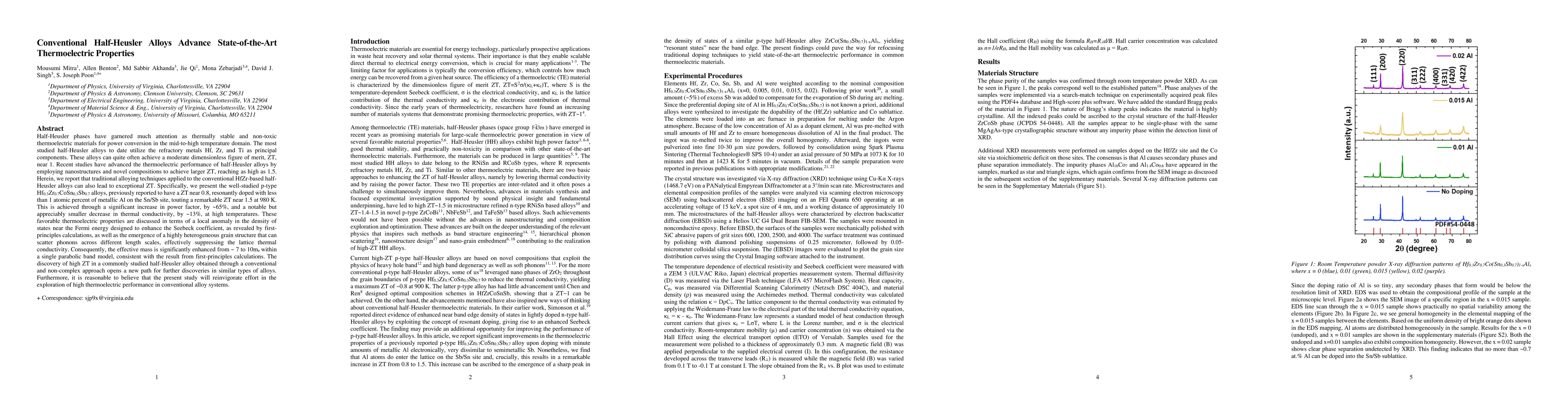 Thumbnail for Conventional Half-Heusler Alloys Advance State-of-the-Art Thermoelectric
  Properties