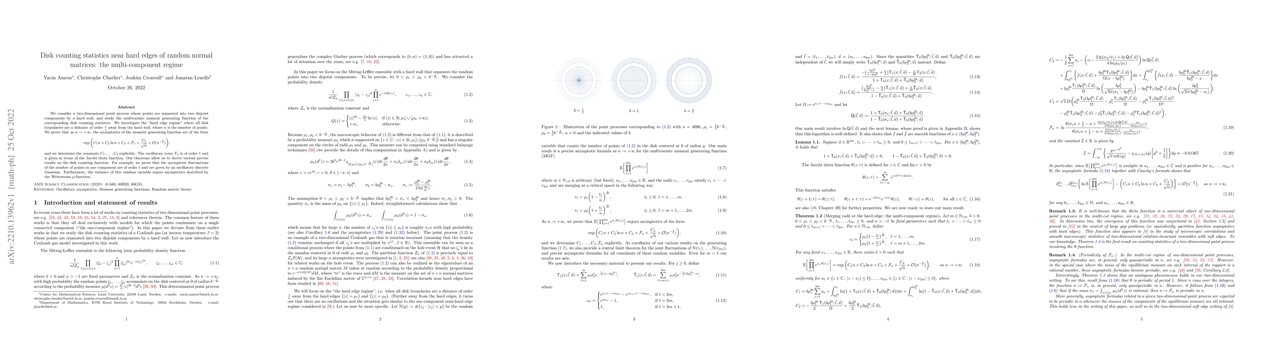 Thumbnail for Disk counting statistics near hard edges of random normal matrices: the
  multi-component regime