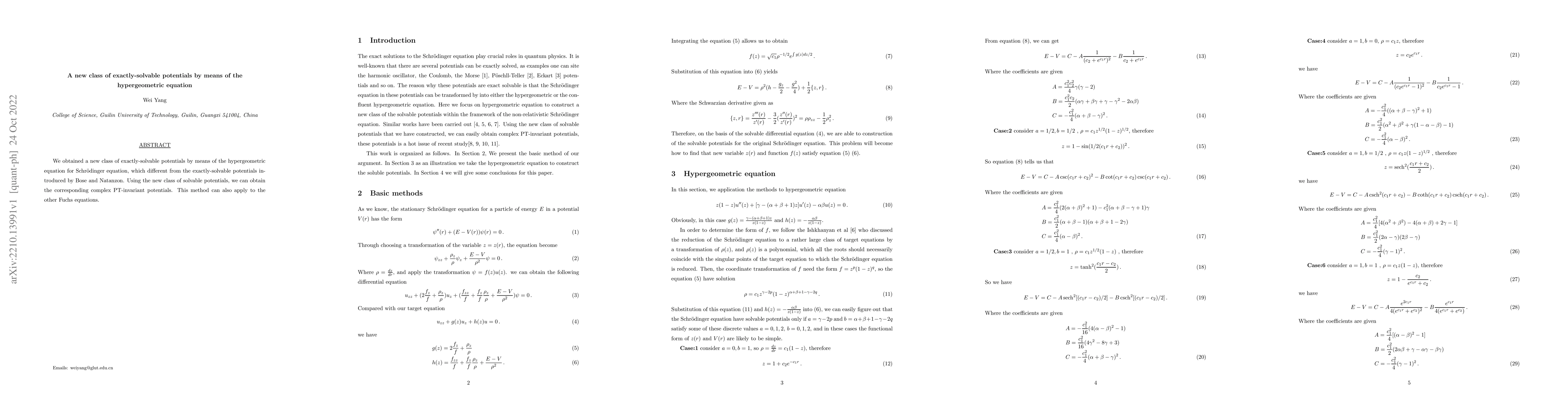 Thumbnail for A new class of exactly-solvable potentials by means of the
  hypergeometric equation