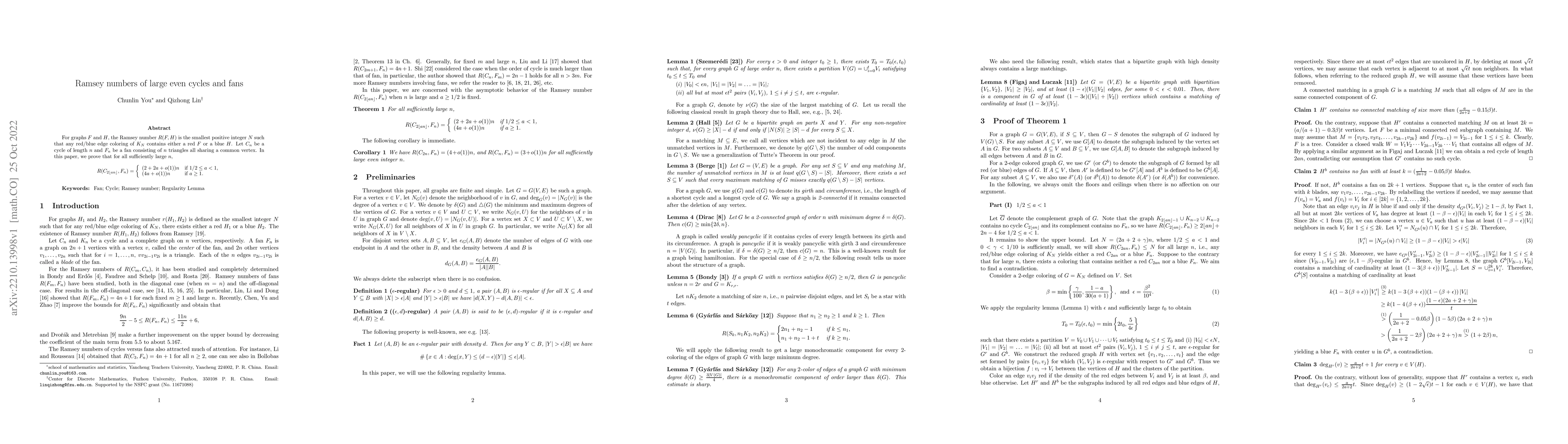 Thumbnail for Ramsey numbers of large even cycles and fans