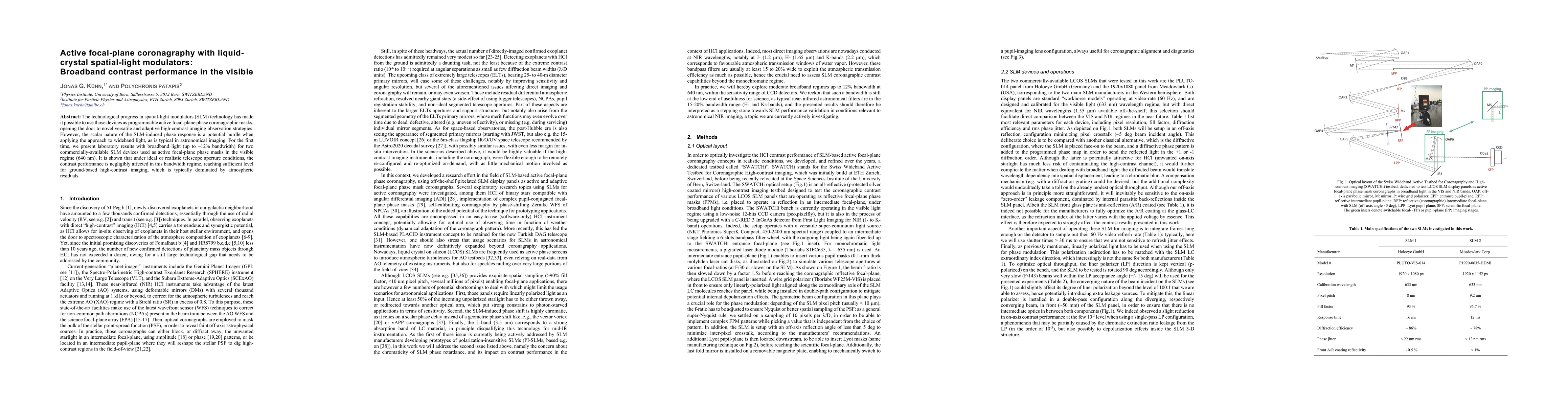 Thumbnail for Active focal-plane coronagraphy with liquid-crystal spatial-light
  modulators: Broadband contrast performance in the visible