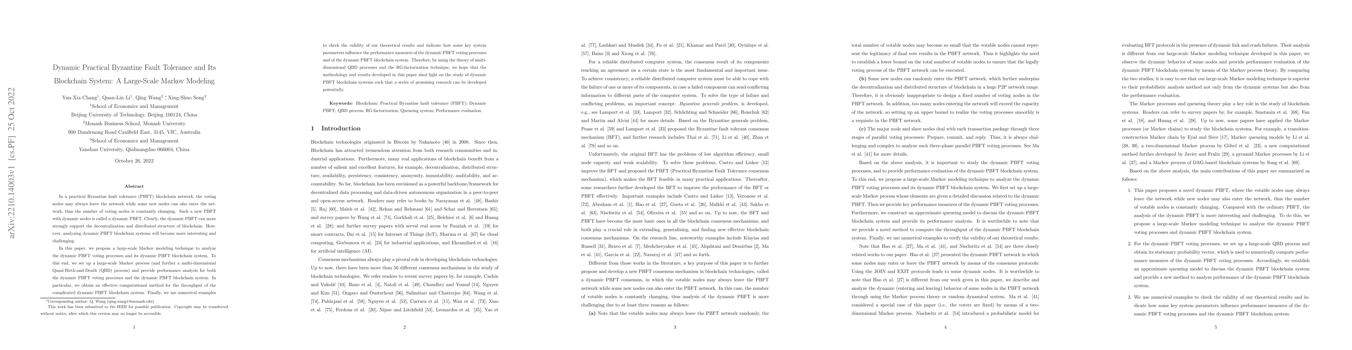 Thumbnail for Dynamic Practical Byzantine Fault Tolerance and Its Blockchain System: A
  Large-Scale Markov Modeling
