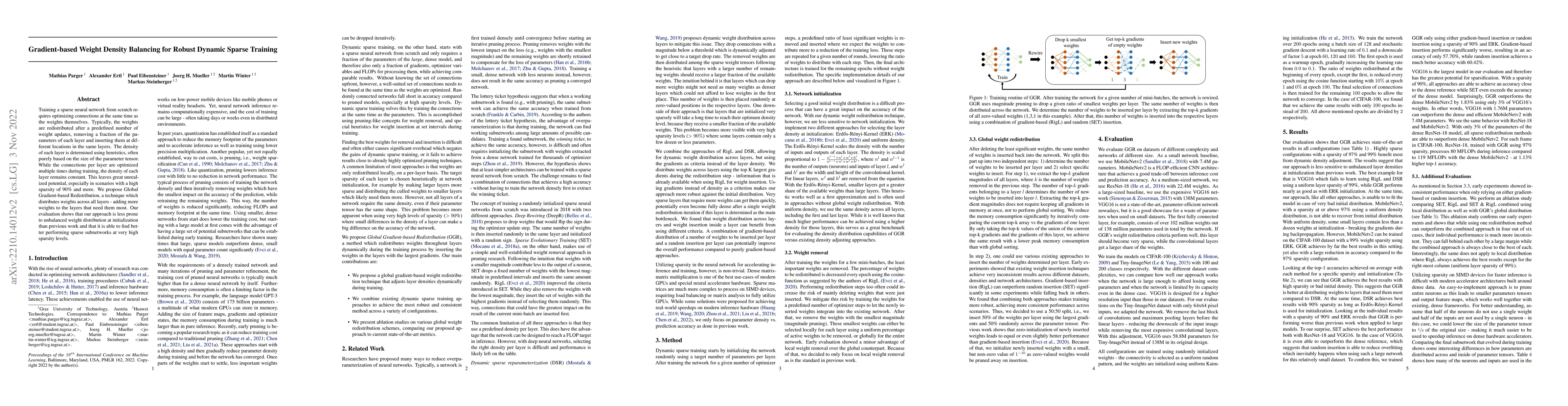 Thumbnail for Gradient-based Weight Density Balancing for Robust Dynamic Sparse
  Training