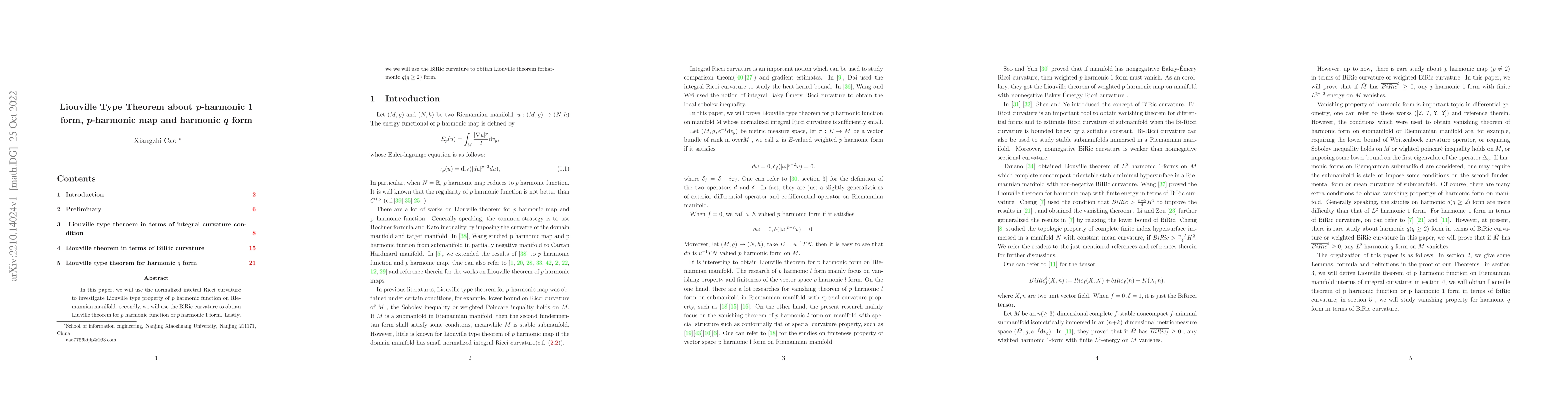 Thumbnail for Liouville Type Theorem about $p$-harmonic 1 form, $p$-harmonic map and
  harmonic $ q $ form