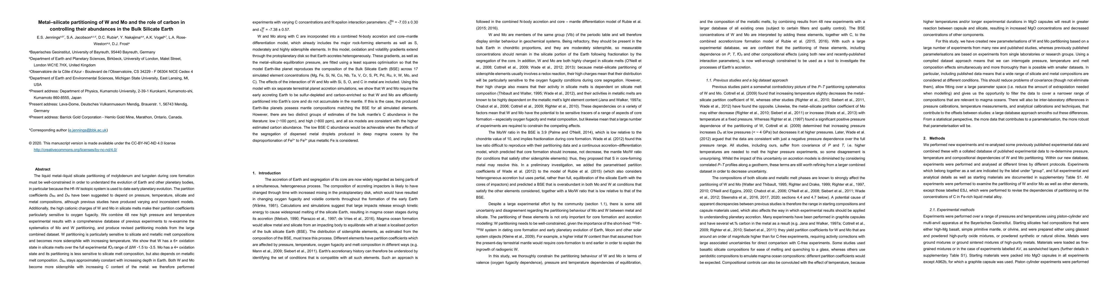 Thumbnail for Metal-silicate partitioning of W and Mo and the role of carbon in
  controlling their abundances in the Bulk Silicate Earth