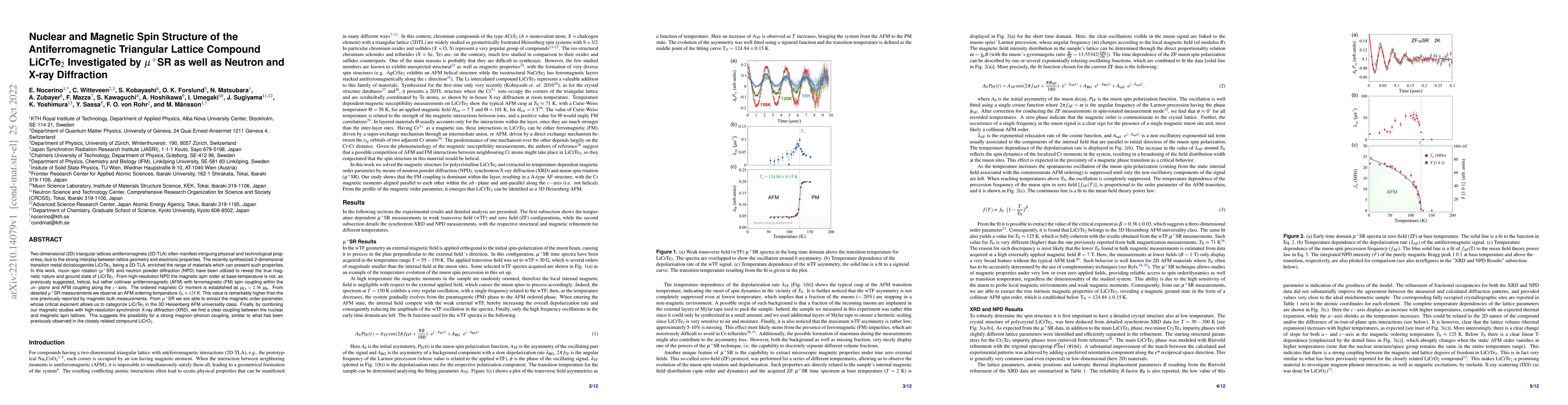 Thumbnail for Nuclear and magnetic spin structure of the antiferromagnetic triangular
  lattice compound LiCrTe$_2$ investigated by $\mu^+$SR as well as neutron and
  X-ray diffraction