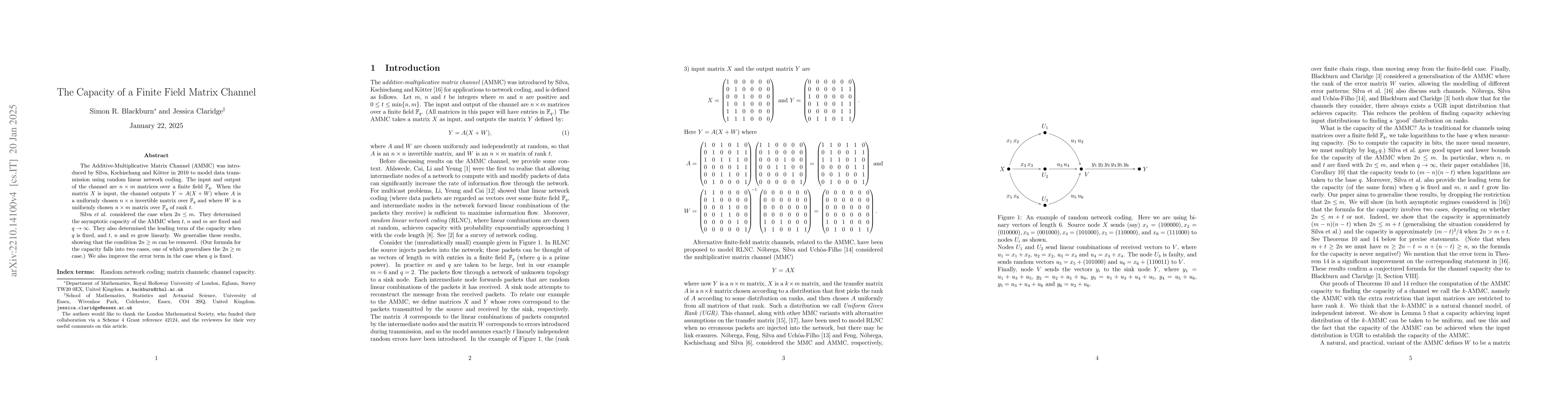 Thumbnail for The capacity of a finite field matrix channel