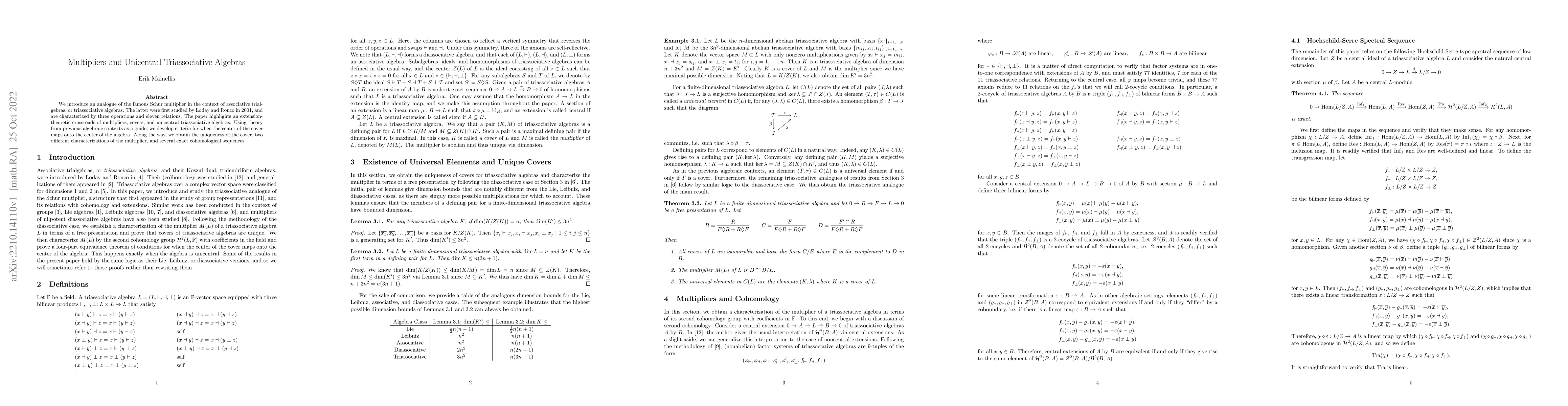 Thumbnail for Multipliers and Unicentral Triassociative Algebras