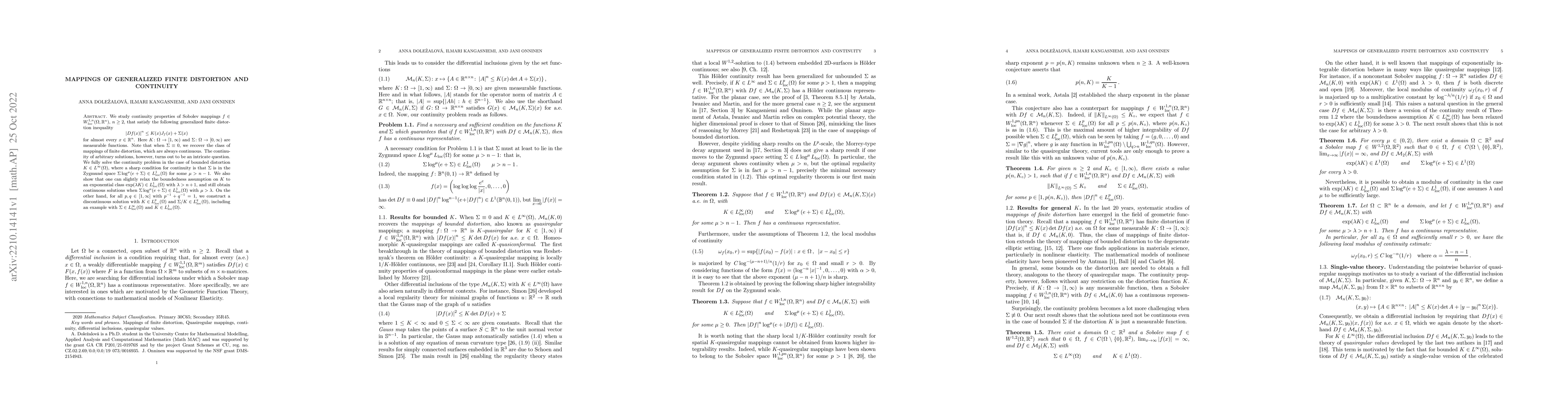 Thumbnail for Mappings of generalized finite distortion and continuity