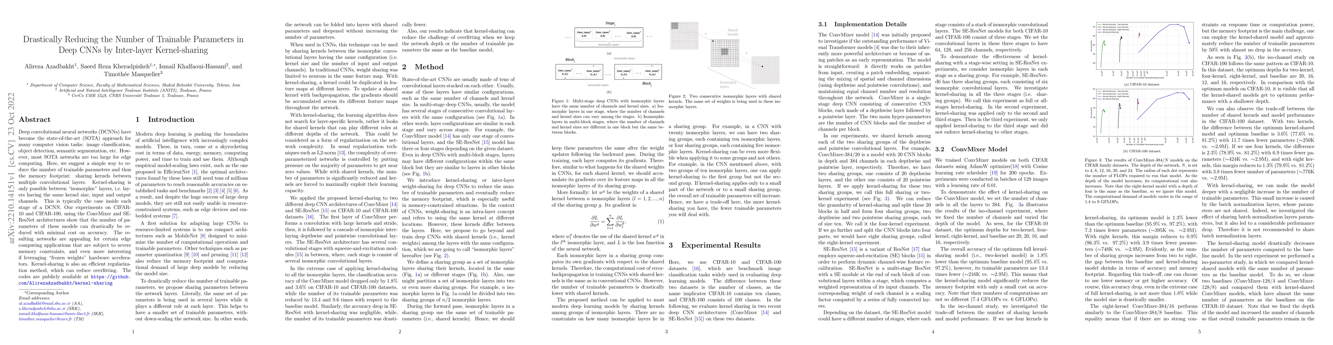 Thumbnail for Drastically Reducing the Number of Trainable Parameters in Deep CNNs by
  Inter-layer Kernel-sharing