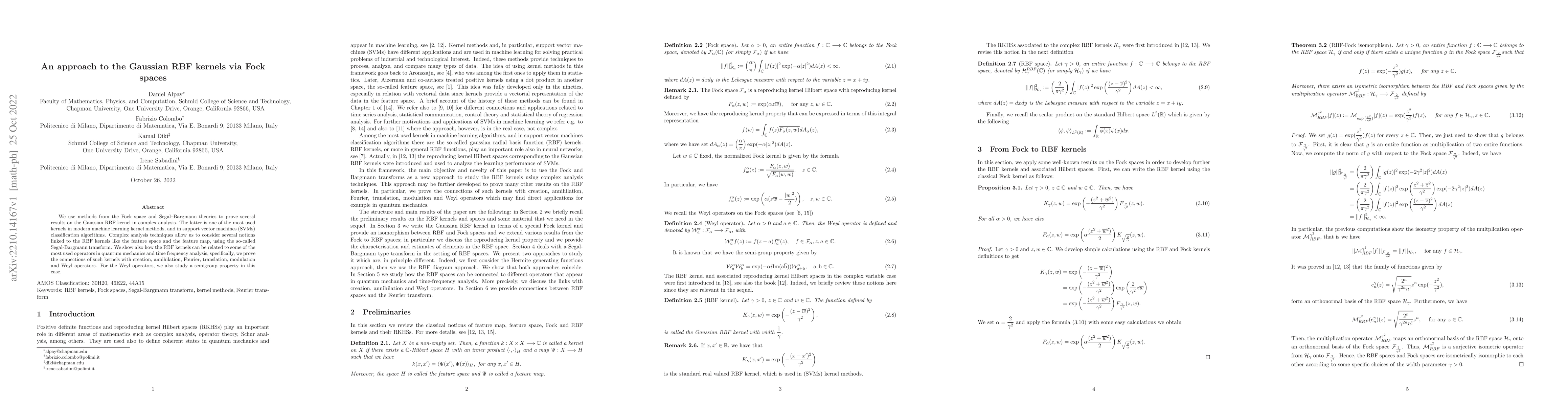 Thumbnail for An approach to the Gaussian RBF kernels via Fock spaces