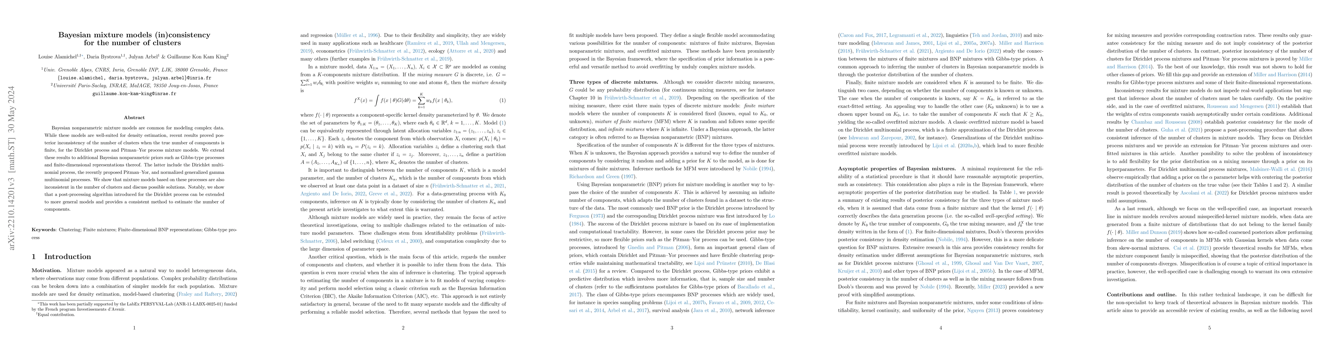 Thumbnail for Bayesian mixture models (in)consistency for the number of clusters