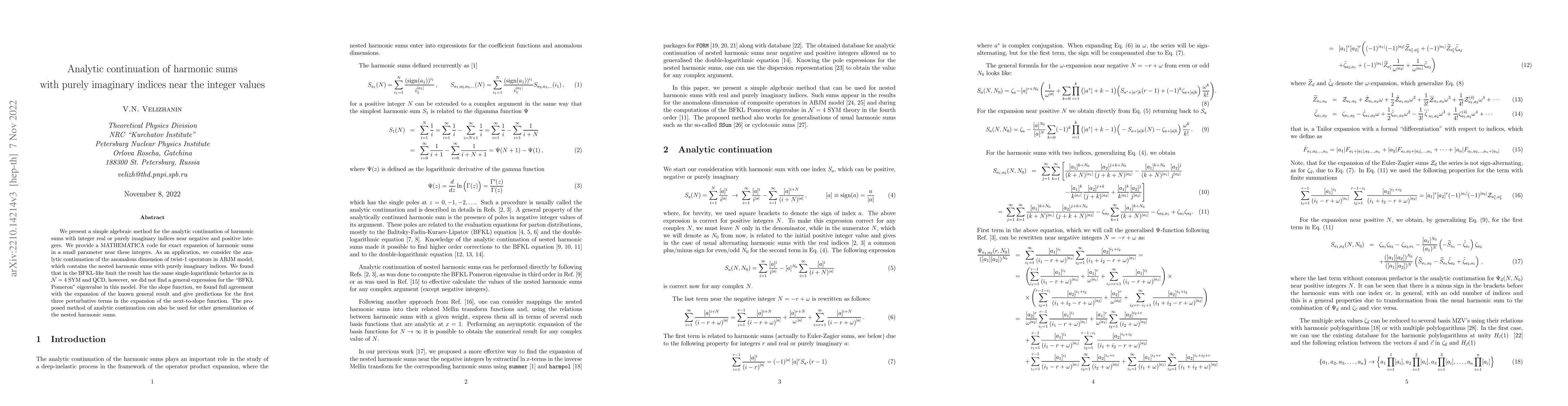 Thumbnail for Analytic continuation of harmonic sums with purely imaginary indices
  near the integer values