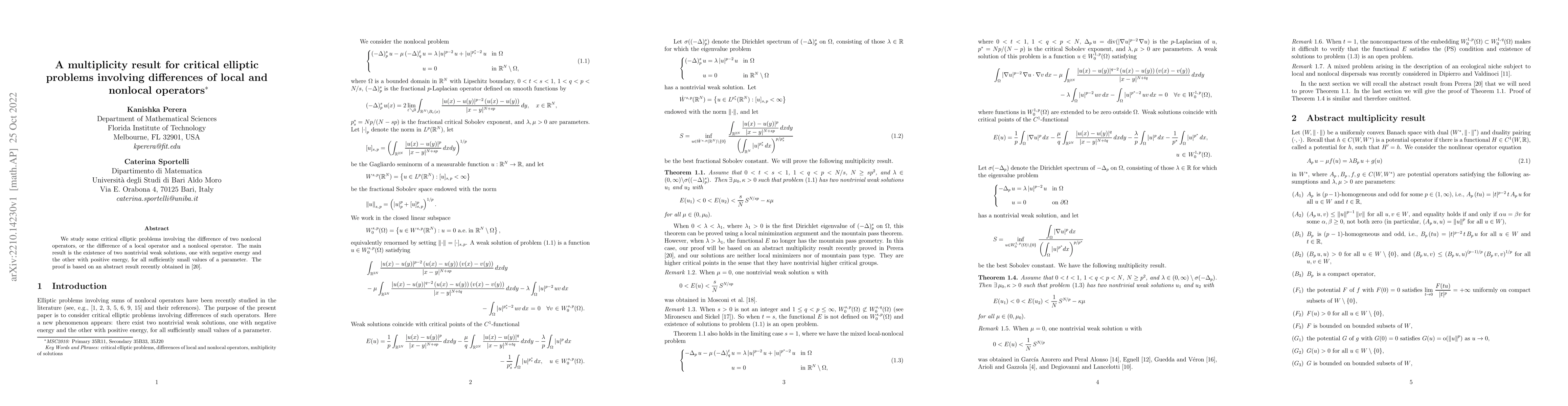 Thumbnail for A multiplicity result for critical elliptic problems involving
  differences of local and nonlocal operators