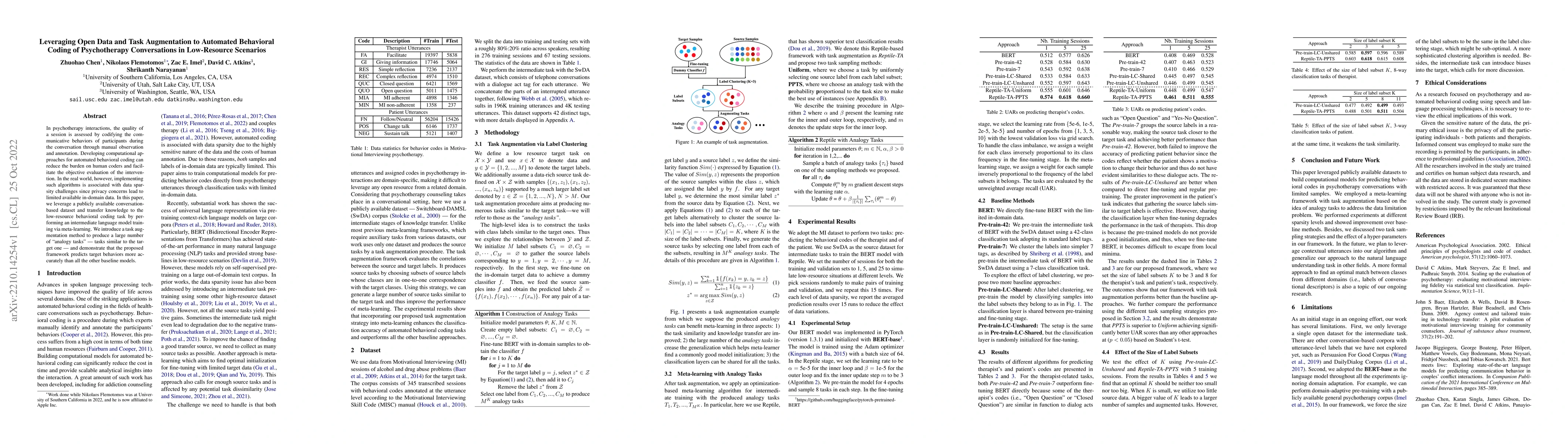Thumbnail for Leveraging Open Data and Task Augmentation to Automated Behavioral
  Coding of Psychotherapy Conversations in Low-Resource Scenarios