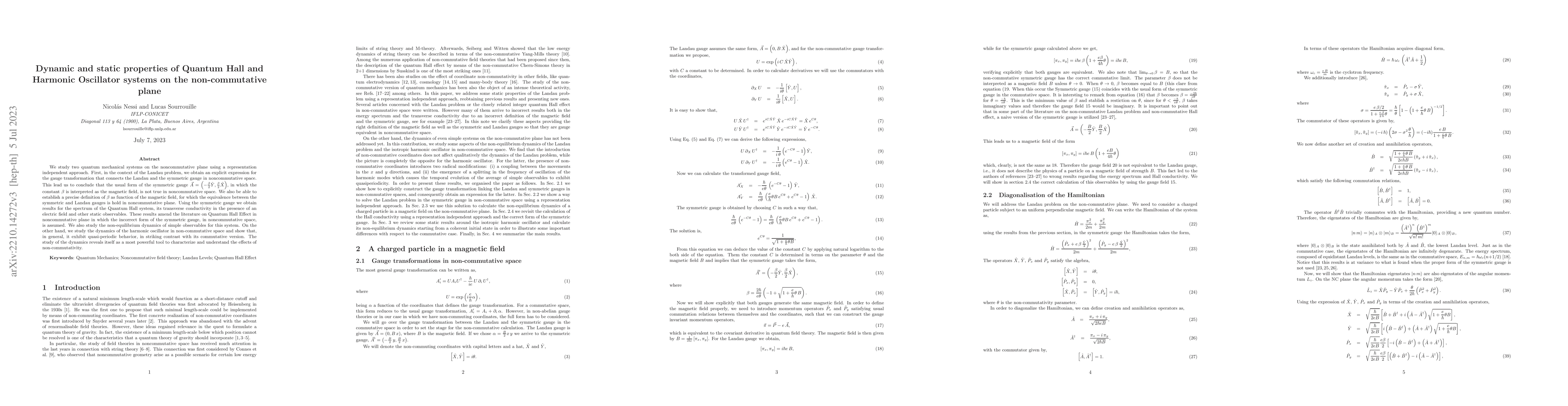 Thumbnail for Dynamic and static properties of Quantum Hall and Harmonic Oscillator
  systems on the non-commutative plane
