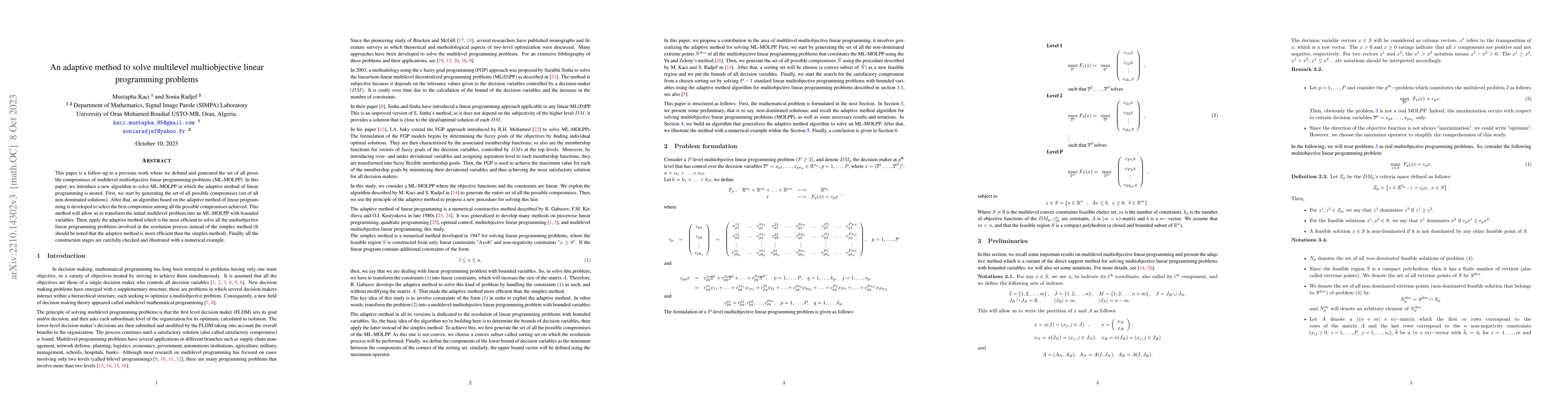 Thumbnail for An adaptive method to solve multilevel multiobjective linear programming
  problems