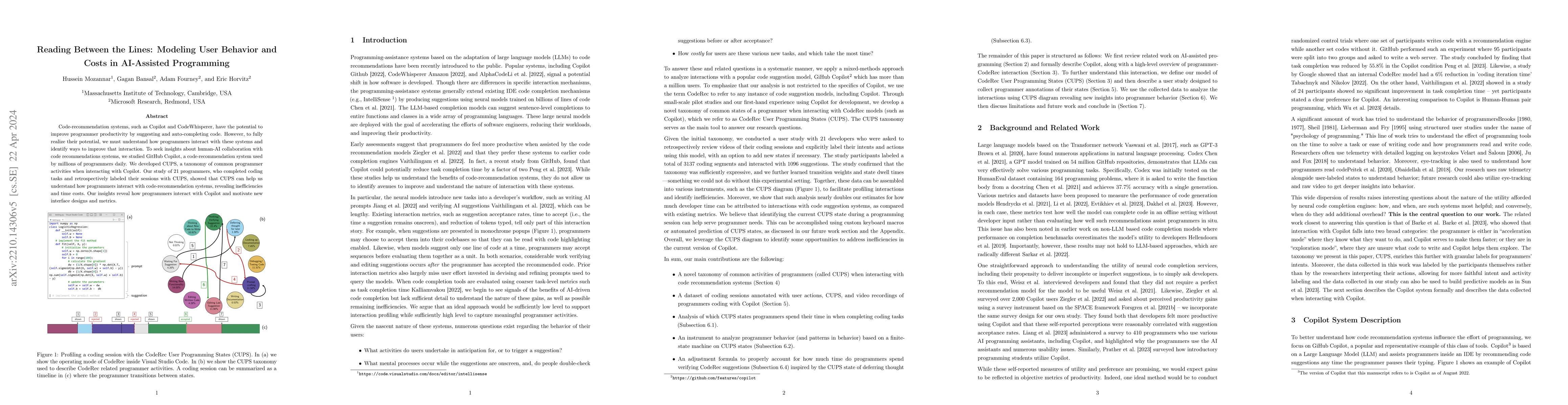 Thumbnail for Reading Between the Lines: Modeling User Behavior and Costs in
  AI-Assisted Programming