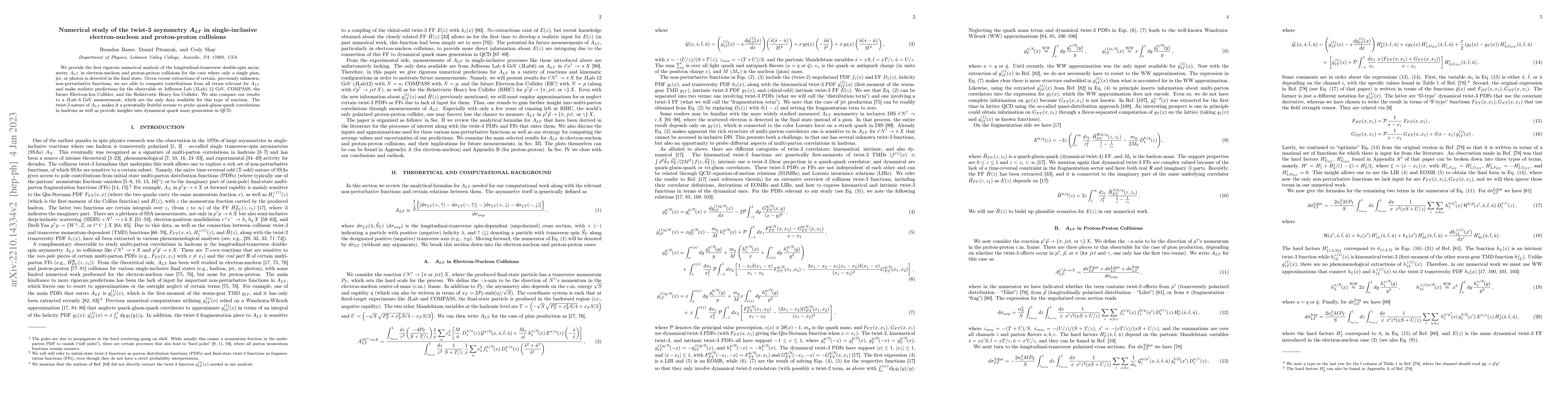 Thumbnail for Numerical study of the twist-3 asymmetry $A_{LT}$ in single-inclusive
  electron-nucleon and proton-proton collisions