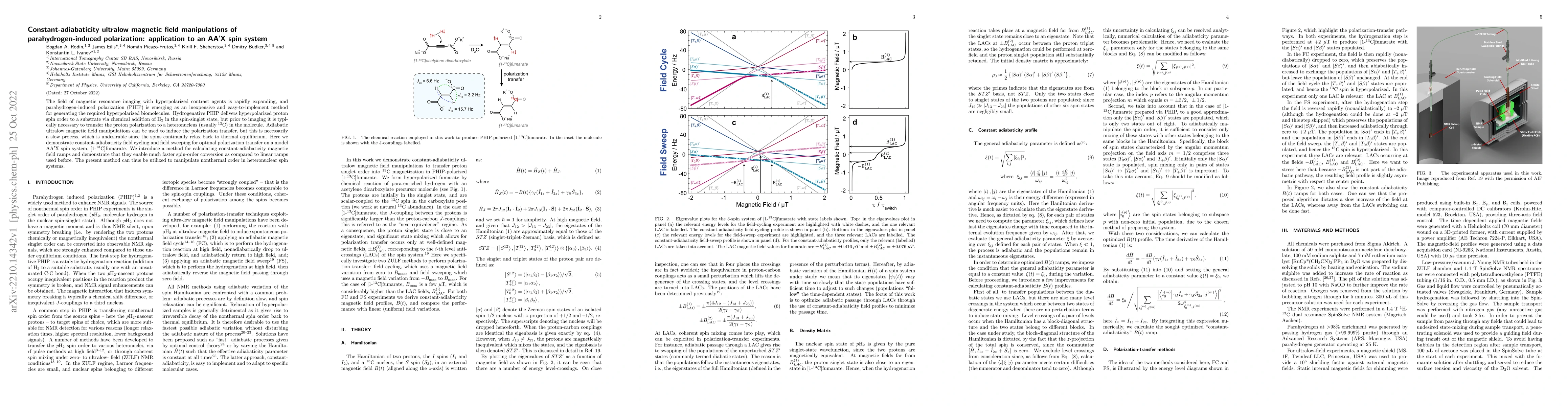 Thumbnail for Constant-adiabaticity ultralow magnetic field manipulations of
  parahydrogen-induced polarization: application to an AA'X spin system