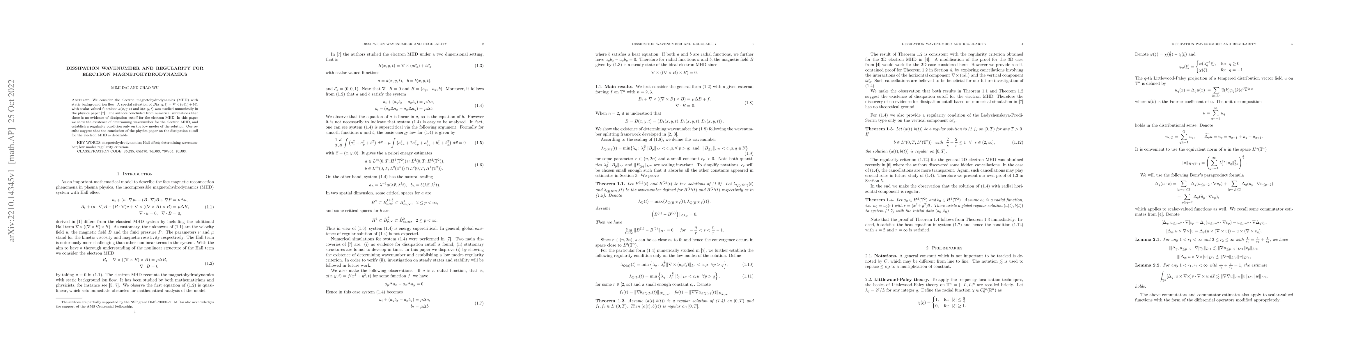 Thumbnail for Dissipation wavenumber and regularity for electron magnetohydrodynamics