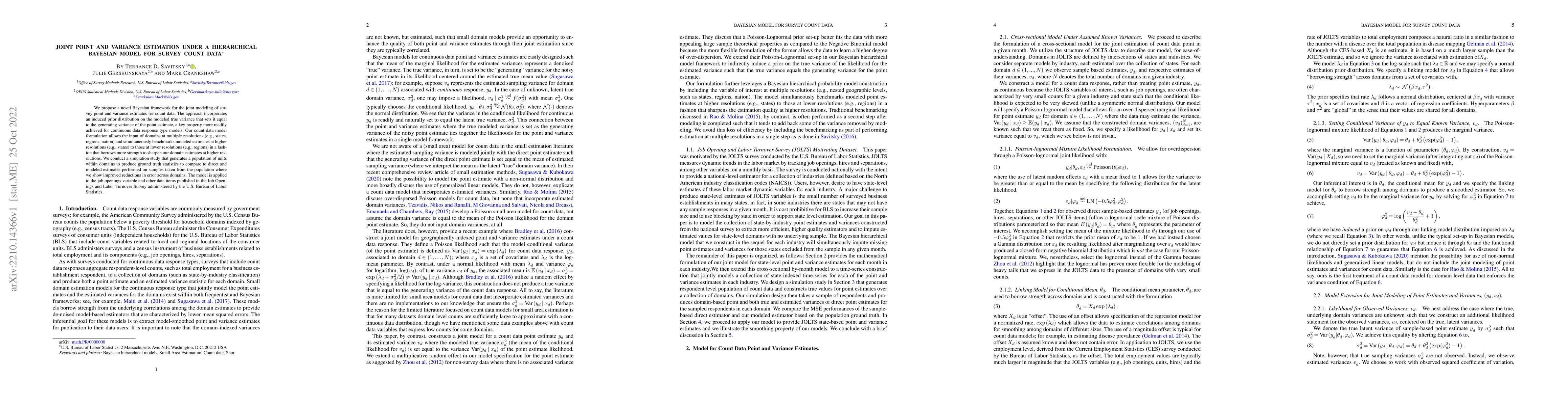 Thumbnail for Joint Point and Variance Estimation under a Hierarchical Bayesian model
  for Survey Count Data