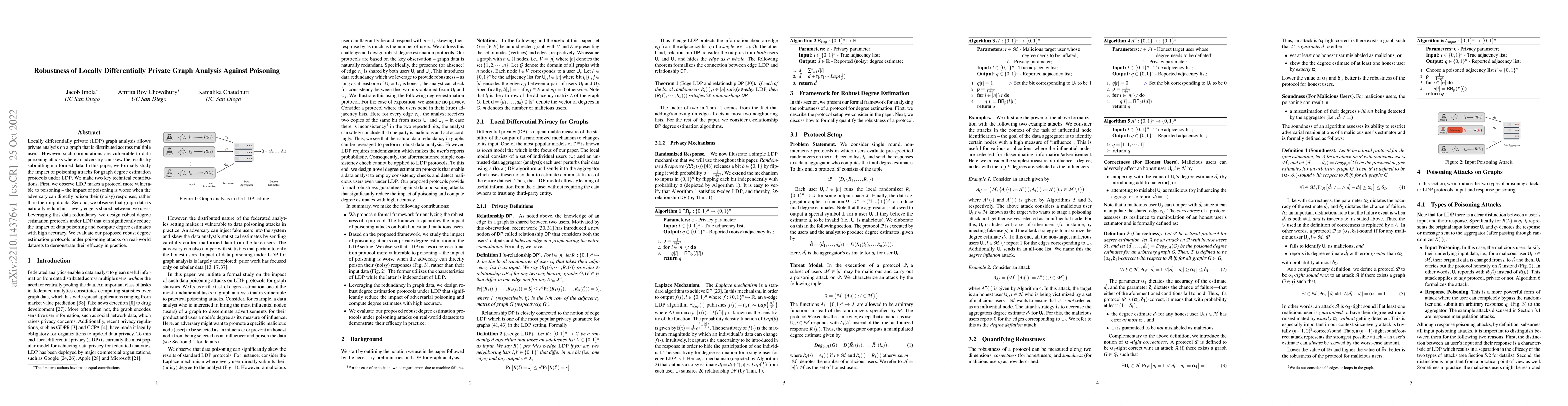 Thumbnail for Robustness of Locally Differentially Private Graph Analysis Against
  Poisoning