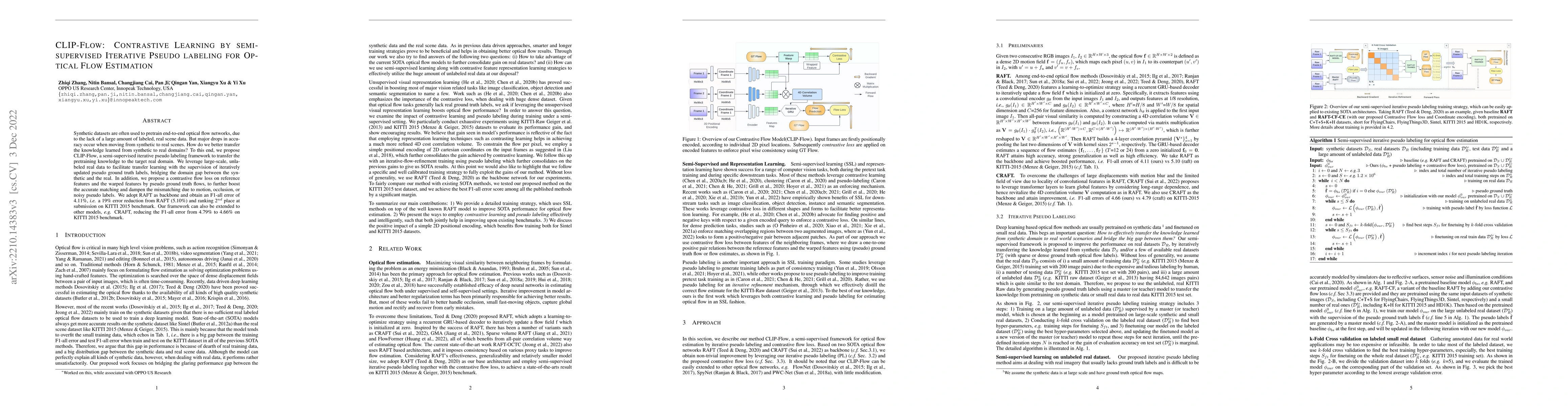 Thumbnail for CLIP-FLow: Contrastive Learning by semi-supervised Iterative Pseudo
  labeling for Optical Flow Estimation