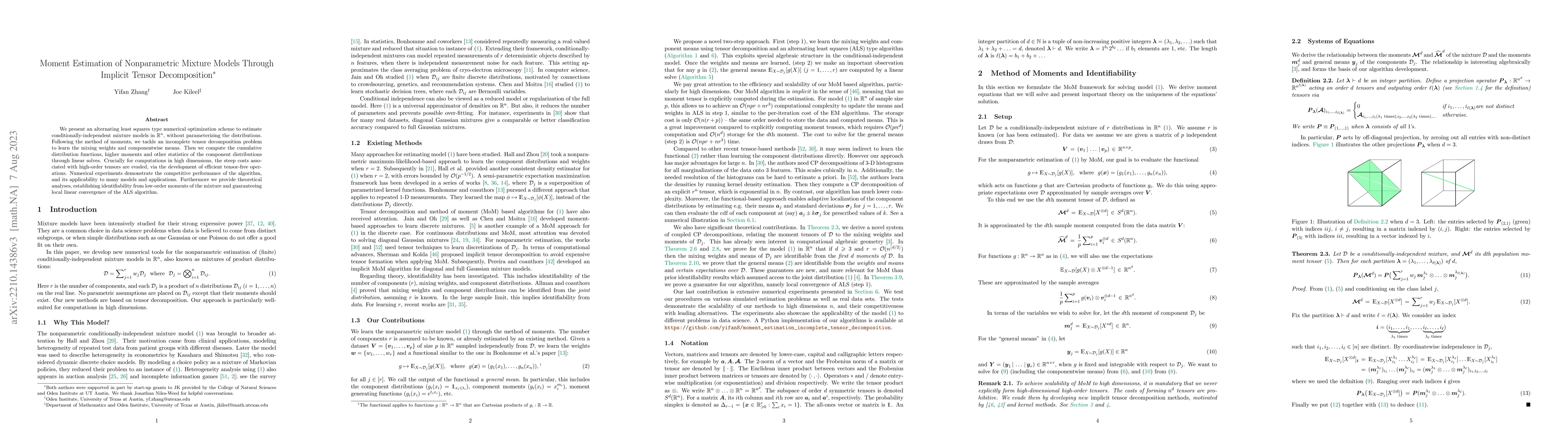 Thumbnail for Moment Estimation for Nonparametric Mixture Models Through Implicit
  Tensor Decomposition
