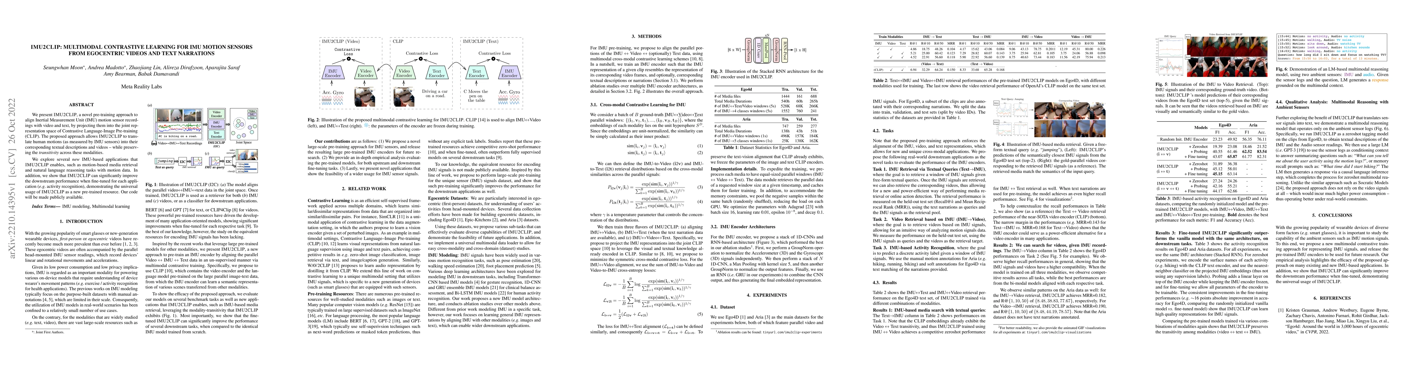 Thumbnail for IMU2CLIP: Multimodal Contrastive Learning for IMU Motion Sensors from
  Egocentric Videos and Text