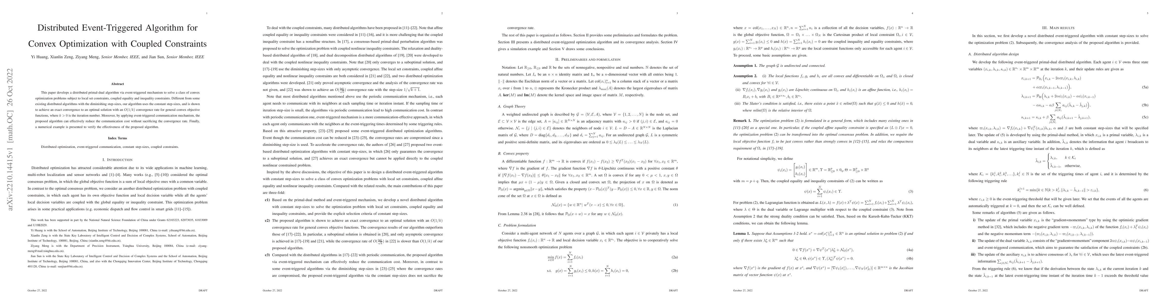 Thumbnail for Distributed Event-Triggered Algorithm for Convex Optimization with
  Coupled Constraints