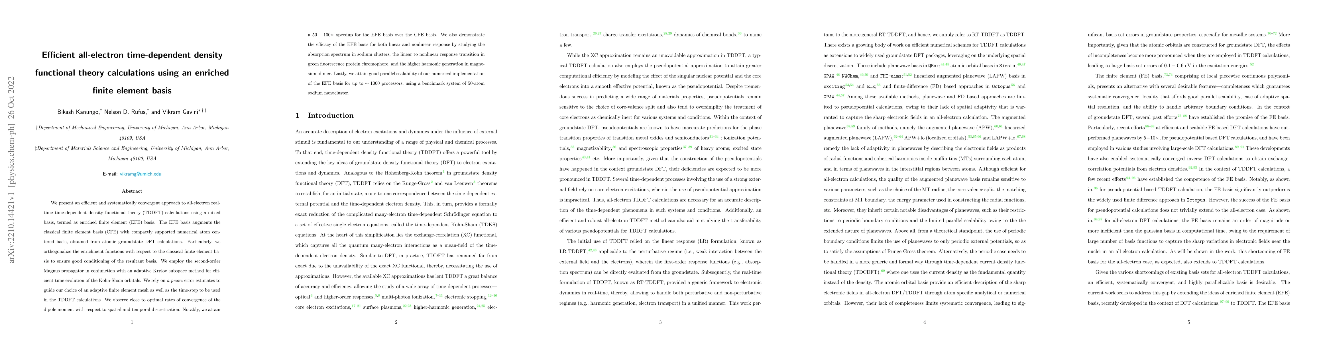Thumbnail for Efficient all-electron time-dependent density functional theory
  calculations using an enriched finite element basis