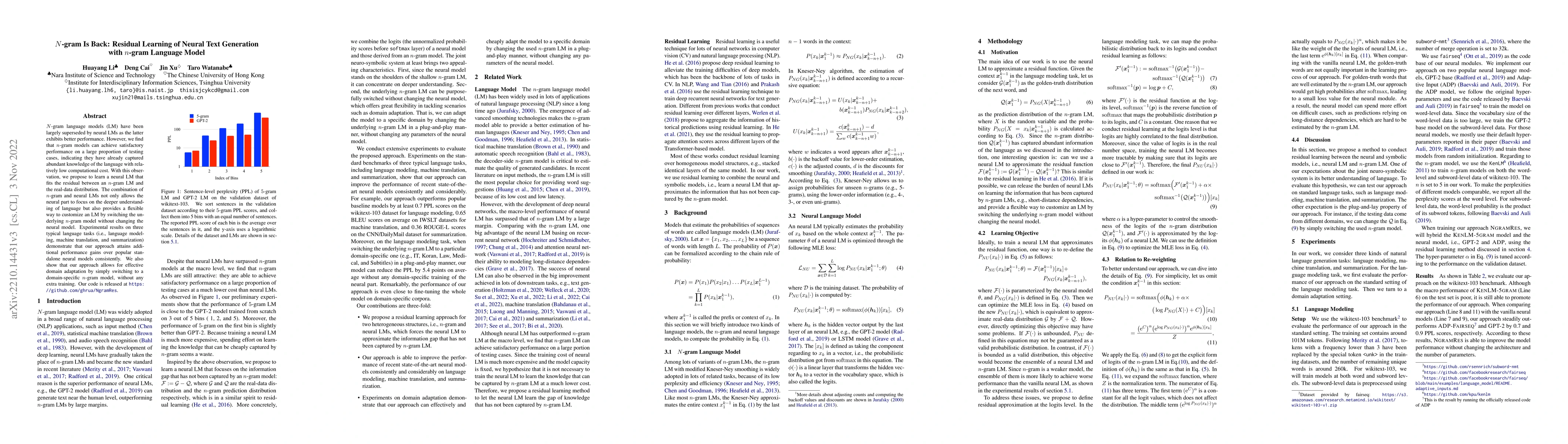 Thumbnail for $N$-gram Is Back: Residual Learning of Neural Text Generation with
  $n$-gram Language Model
