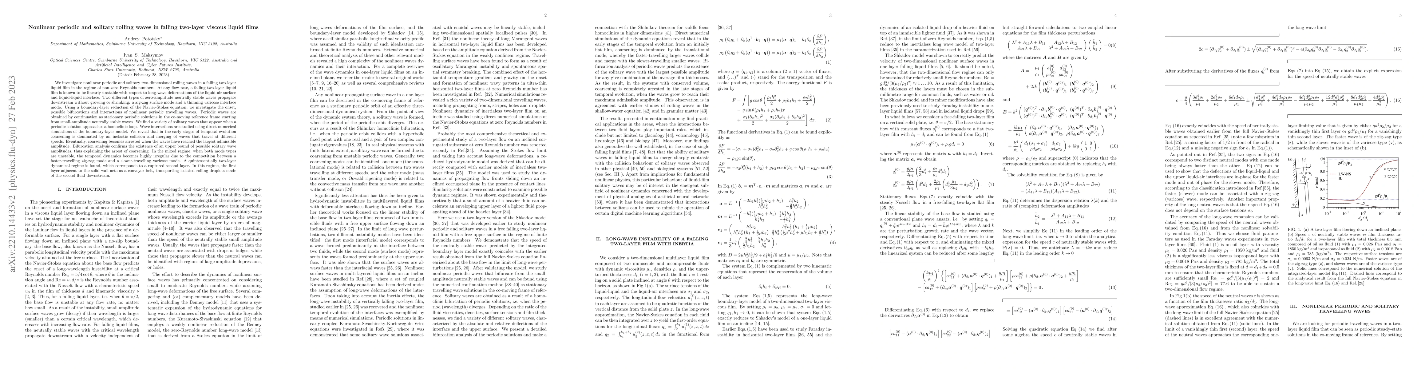 Thumbnail for Nonlinear periodic and solitary rolling waves in falling two-layer
  viscous liquid films